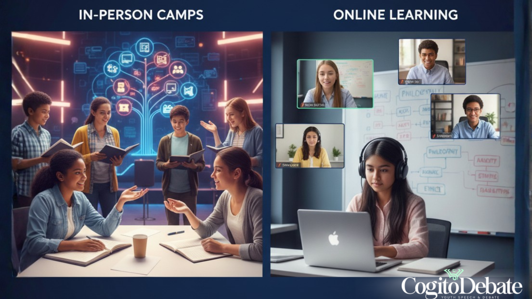 Split image showing students collaborating at an in-person debate camp on the left, and a girl in headphones attending an online debate class on the right.