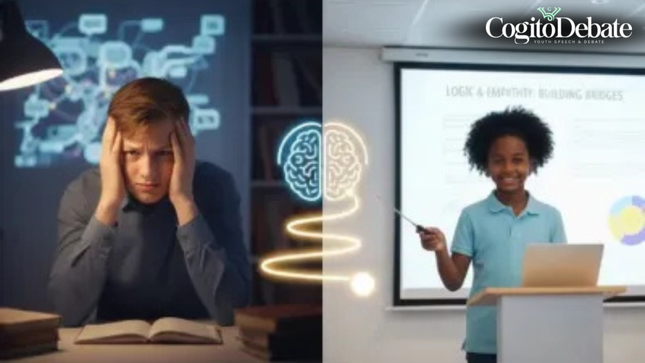 A split image showing a tensed child holding their head on the left, connected by a glowing brain icon to a confident child giving a presentation on the right, symbolizing the transformative power of debate.