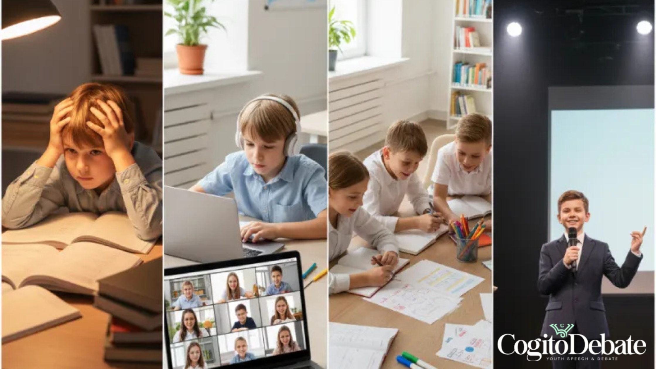 Multi-panel image showing children studying, in an online debate class, collaborating, and confidently public speaking.