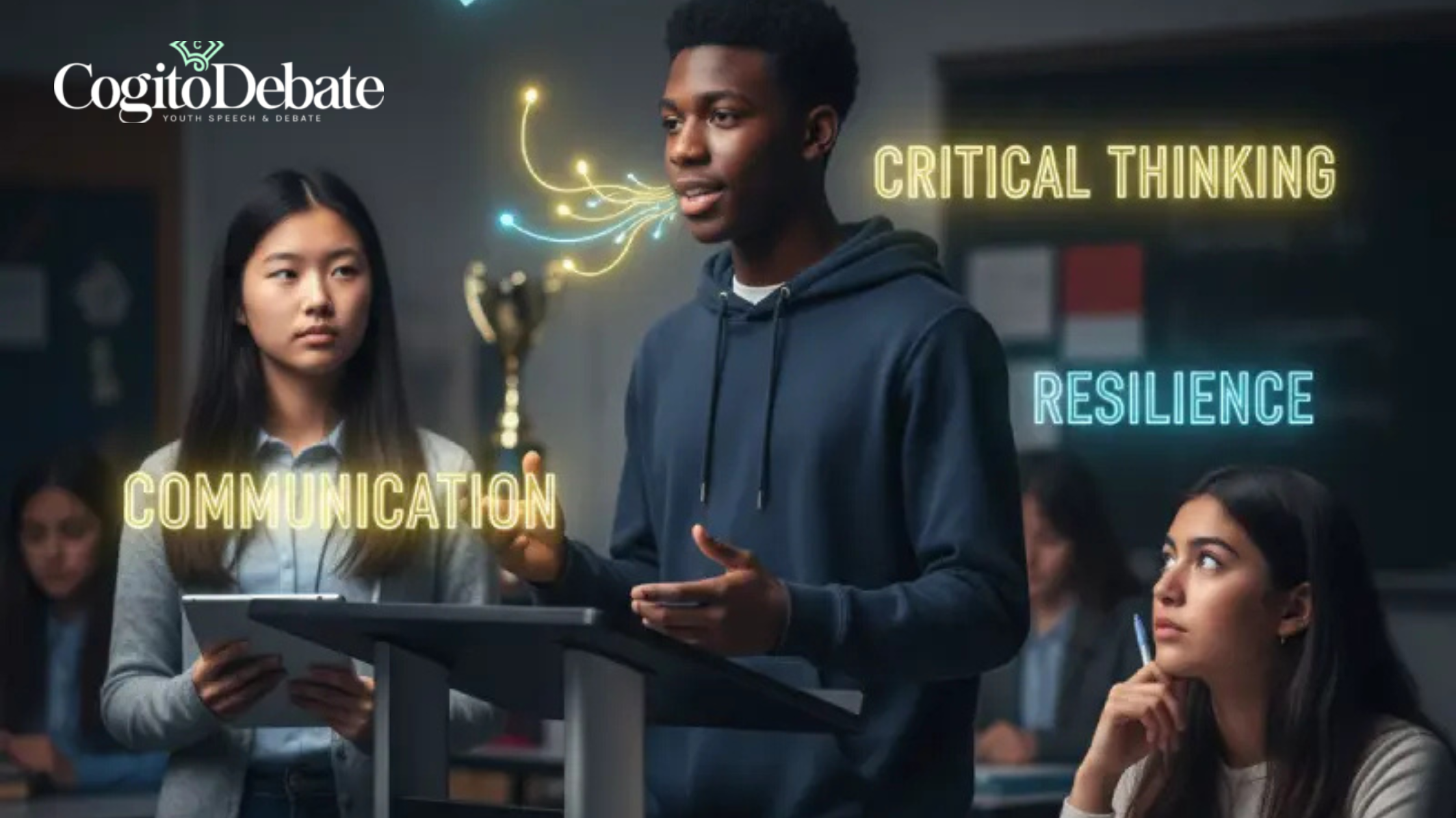 A high school student giving a speech at a podium with glowing keywords Critical Thinking, Resilience, and Communication around them, illustrating the impact of forensics.