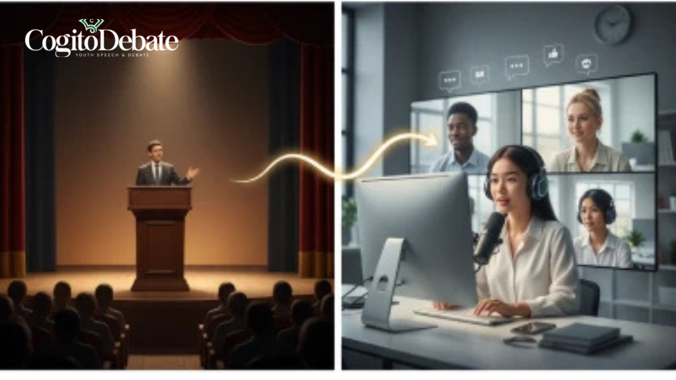 Split image showing a person giving a speech at a podium and a student participating in a multi-person video call, illustrating the evolution of Public Speaking.