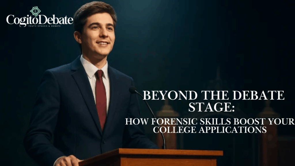 Confident student in a suit speaking at a debate podium with the Cogito Debate logo and title text about forensic skills and college applications.