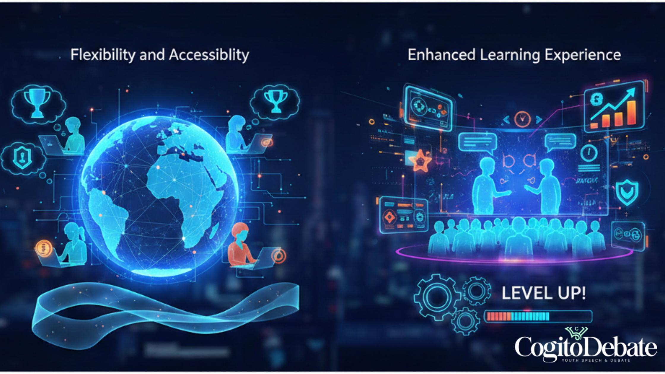 An infographic showing the global reach and enhanced learning experience of speech & debate through gamification, featuring a digital globe and students "leveling up" their skills.