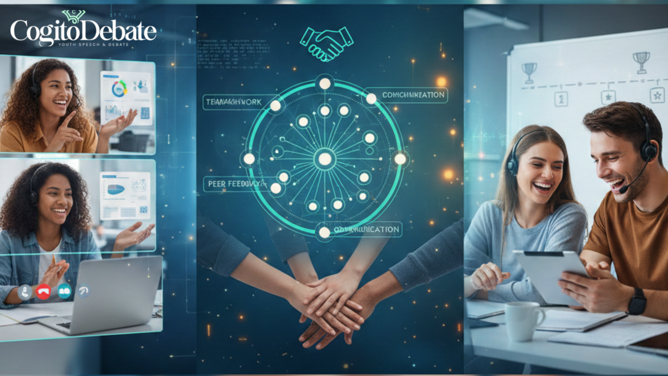 Students participating in a speech & debate session online, featuring icons for teamwork, peer feedback, and communication to highlight the social and cooperative elements of gamified training.