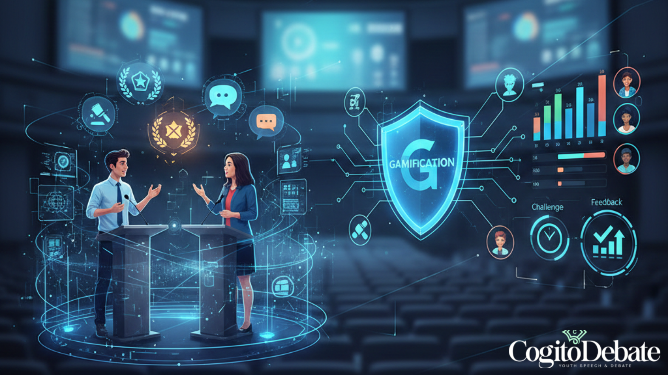 Two students at podiums in a virtual speech & debate arena surrounded by gamification elements like achievement badges, a "Challenge" timer, and a real-time feedback shield.