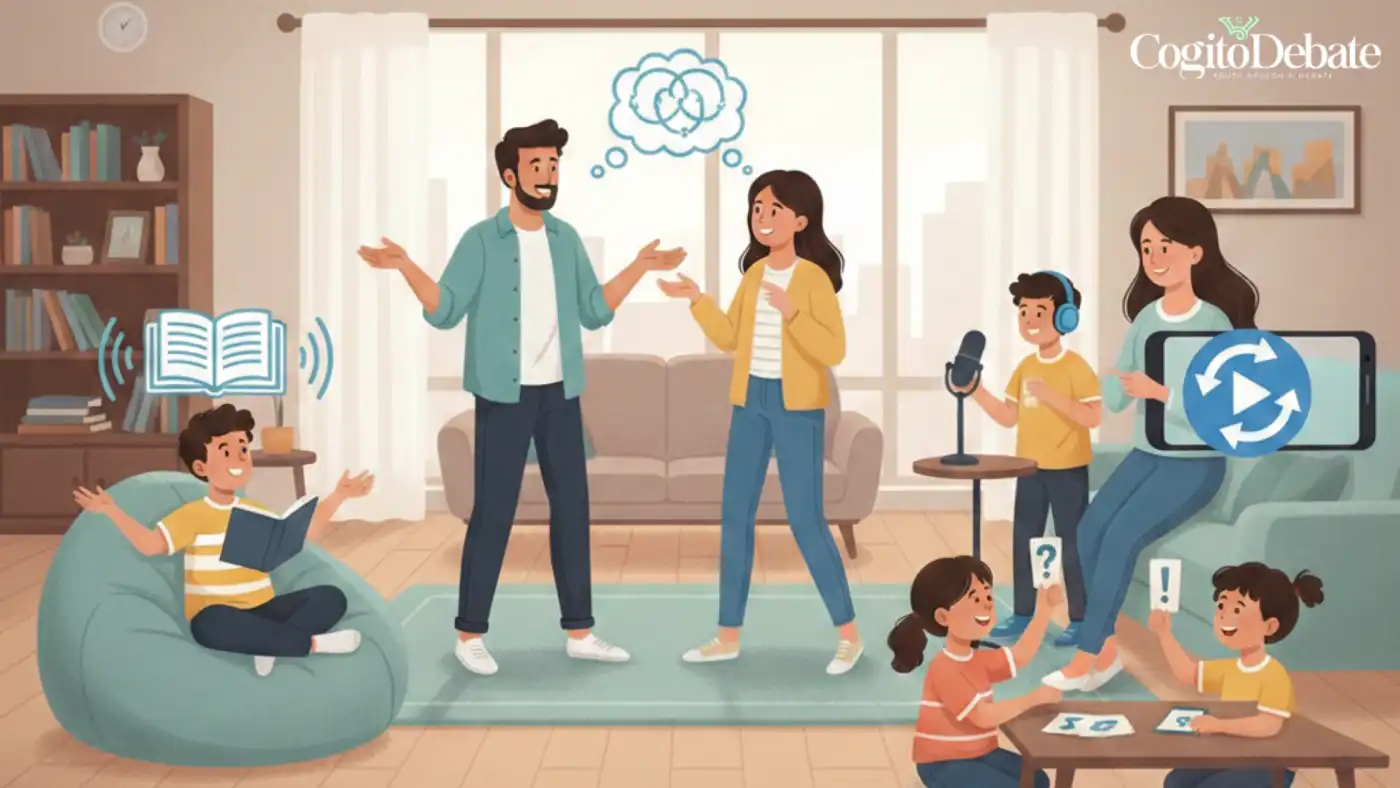 An illustration of a family engaged in various communication activities at home, including a boy reading aloud and a child using a microphone, highlighting early development of public speaking skills.