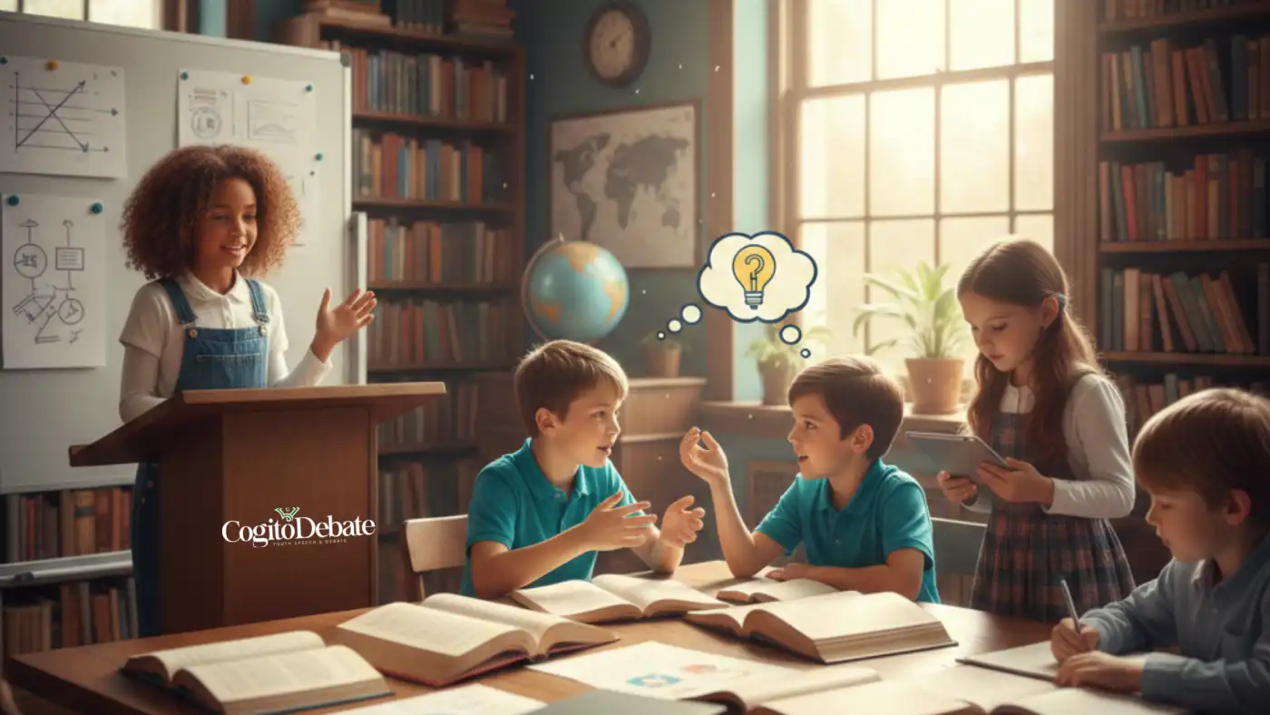 A group of young students in a library setting, featuring a girl at a wooden podium practicing public speaking while her peers engage in discussion and research.