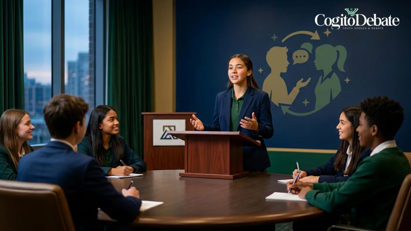 A high school student practices persuasive communication at a podium during a Cogito Debate class, demonstrating leadership and teamwork skills essential for entrepreneurs.